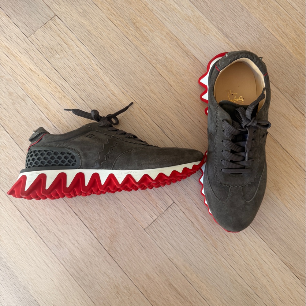 WORN 1 TIME - Christian Louboutin Men's Gray and Red Shark Sneakers
